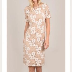 Molly Bracken Tan Cream Crochet Flower Modest Classic Preppy Sheath Dress Med
